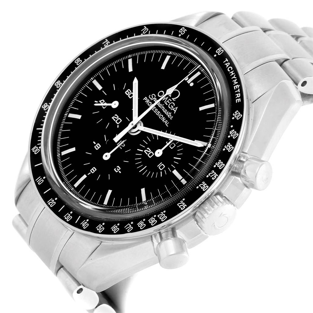 The Omega Speedmaster 3573.50.00 Men
s Stainless Steel Black Dial 3573.50.00 Men
s Stainless Steel Black Dial watch is shown from an angled side view, displaying the face, bezel, and part of the bracelet.