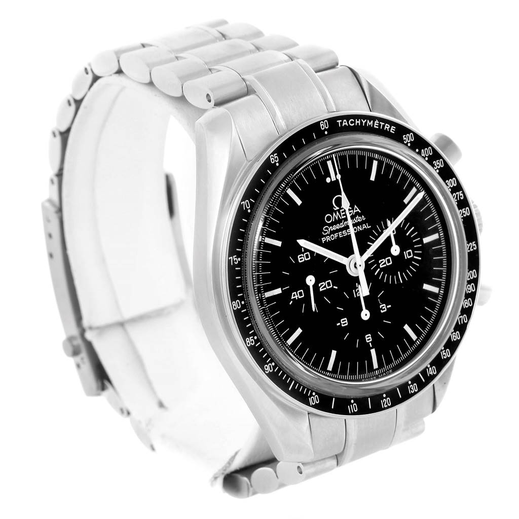 The Omega Speedmaster 3573.50.00 Men
s Stainless Steel Black Dial 3573.50.00 Men
s Stainless Steel Black Dial watch is shown at a three-quarter angle, displaying the face, bezel, and partially open stainless steel bracelet.