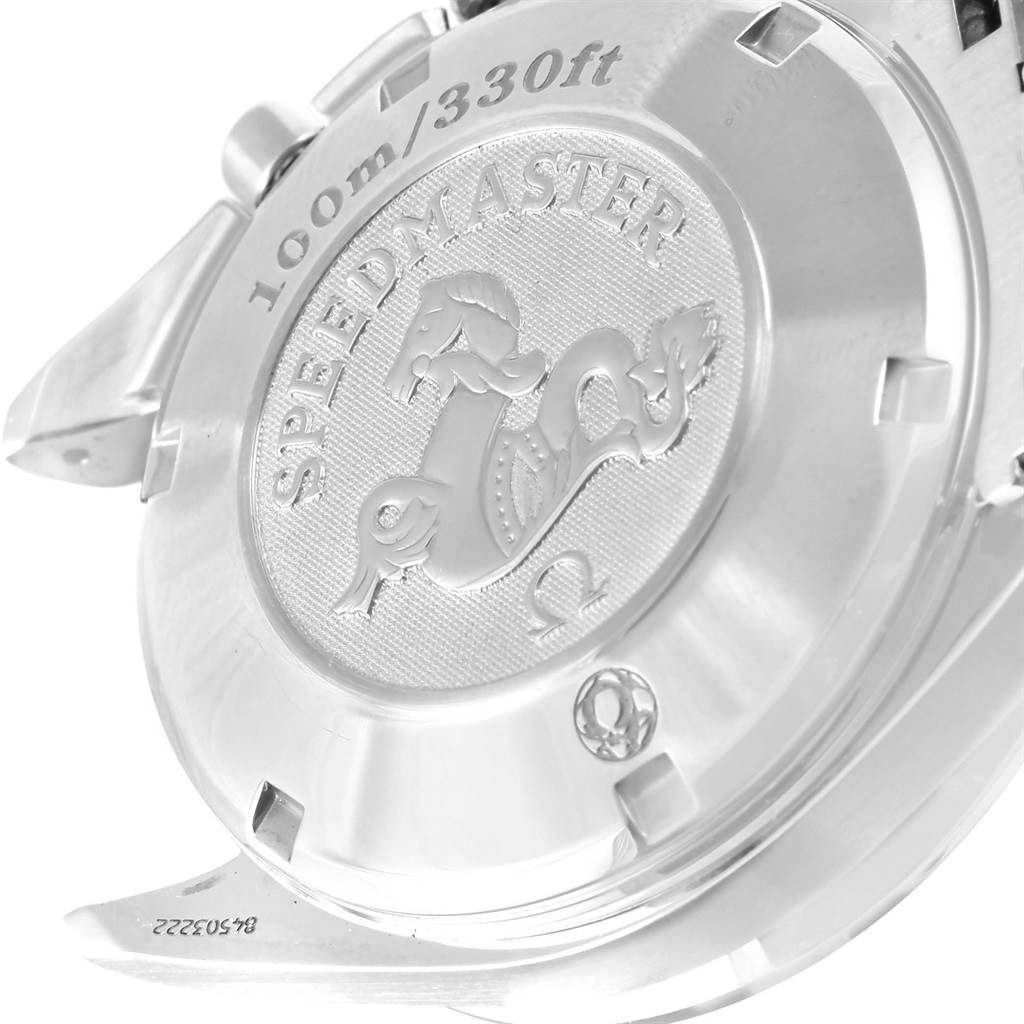 This image shows the engraved case back of an Omega Speedmaster 3210.52.00 Men
s Stainless Steel Black Dial 3210.52.00 Men
s Stainless Steel Black Dial watch, highlighting the water resistance rating.