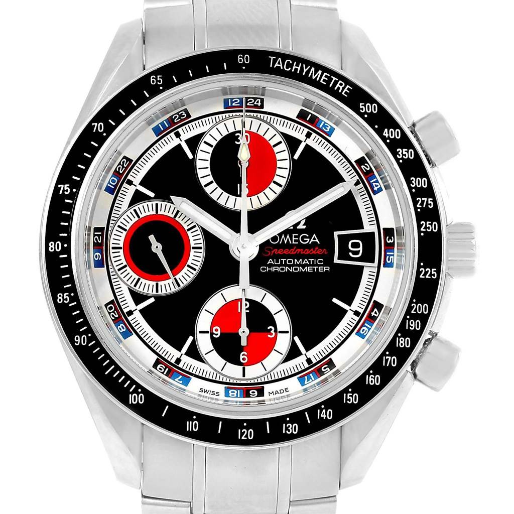 The image shows a front view of the Omega Speedmaster 3210.52.00 Men
s Stainless Steel Black Dial 3210.52.00 Men
s Stainless Steel Black Dial watch, highlighting its dial, subdials, tachymeter bezel, and date window.