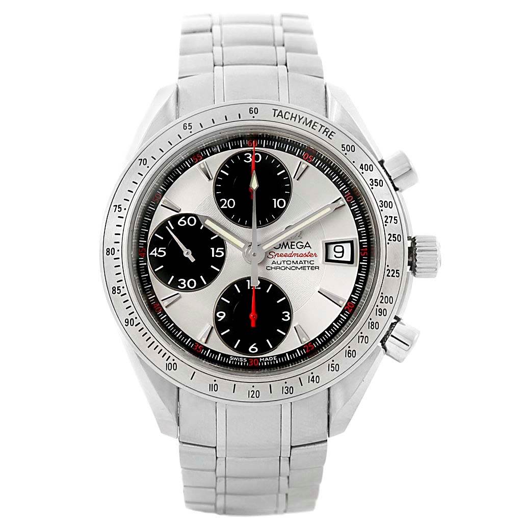 The image displays a frontal view of an Omega Speedmaster 3211.31.00 Men
s Stainless Steel Silver Dial 3211.31.00 Men
s Stainless Steel Silver Dial watch, showcasing its dial, hour markers, subdials, tachymeter bezel, and bracelet.