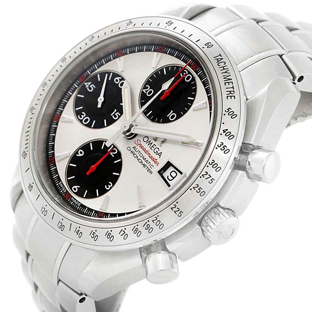 The image shows an angled view of an Omega Speedmaster 3211.31.00 Men
s Stainless Steel Silver Dial 3211.31.00 Men
s Stainless Steel Silver Dial watch, featuring its bezel, chronograph subdials, date window, and side buttons.