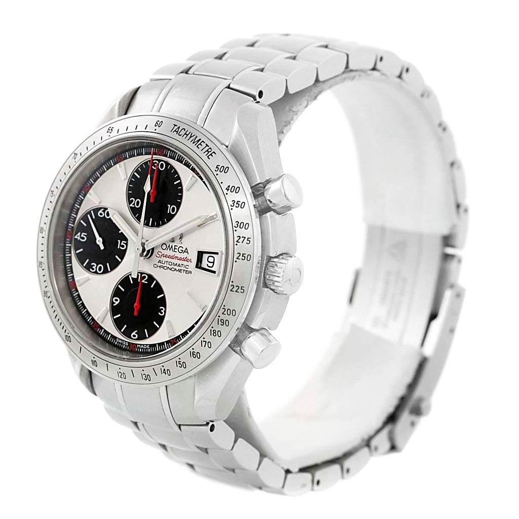 The image shows an Omega Speedmaster 3211.31.00 Men
s Stainless Steel Silver Dial 3211.31.00 Men
s Stainless Steel Silver Dial watch from a front angle, highlighting its dial, sub-dials, bezel, crown, and bracelet.