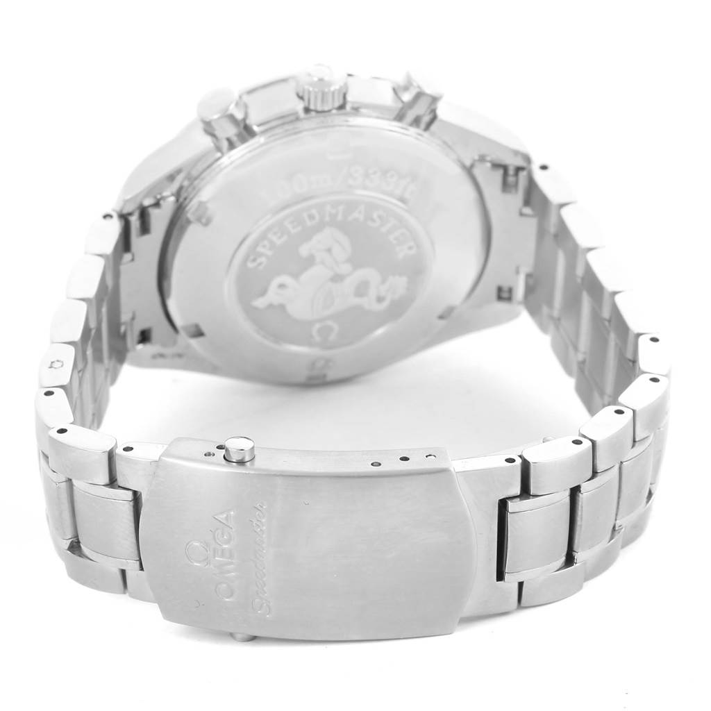 The image shows the back case and clasp of an Omega Speedmaster 3211.31.00 Men
s Stainless Steel Silver Dial 3211.31.00 Men
s Stainless Steel Silver Dial watch, highlighting the bracelet and engraved case back.