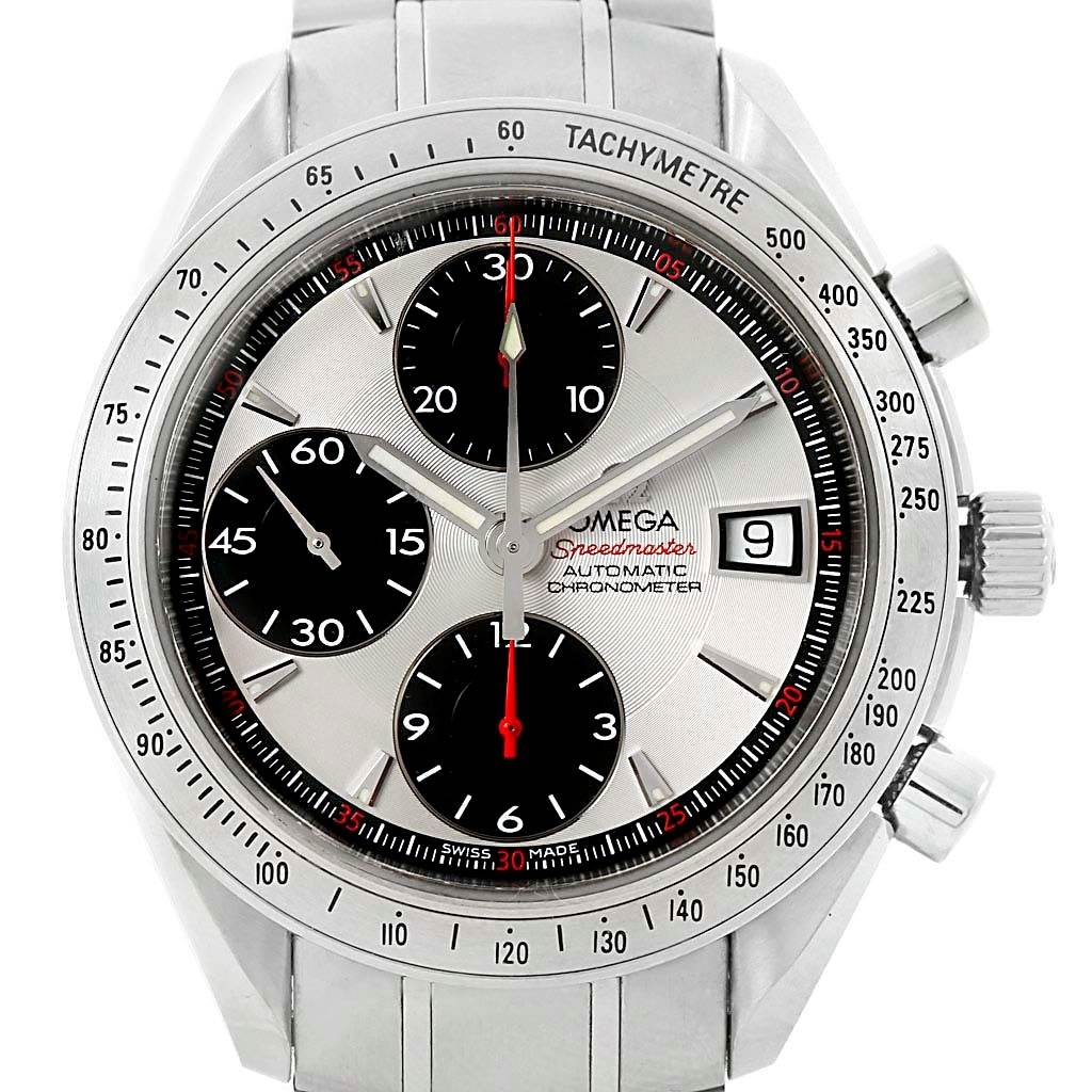 The image shows a front view of an Omega Speedmaster 3211.31.00 Men
s Stainless Steel Silver Dial 3211.31.00 Men
s Stainless Steel Silver Dial watch, highlighting the dial, sub-dials, date window, and tachymeter bezel.