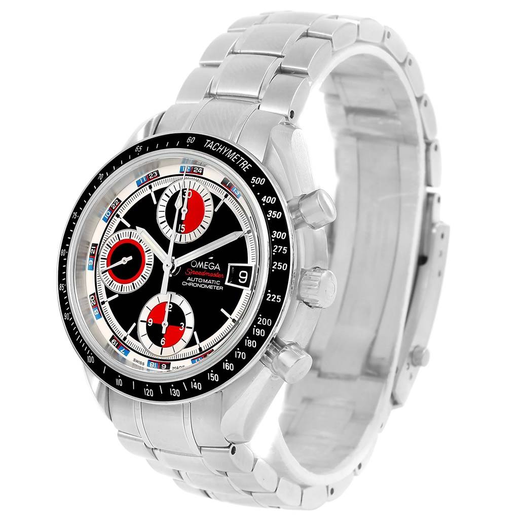 This image shows an Omega Speedmaster 3210.52.00 Men
s Stainless Steel Black Dial 3210.52.00 Men
s Stainless Steel Black Dial watch at a three-quarter angle, highlighting its face, bezel, crown, and bracelet.