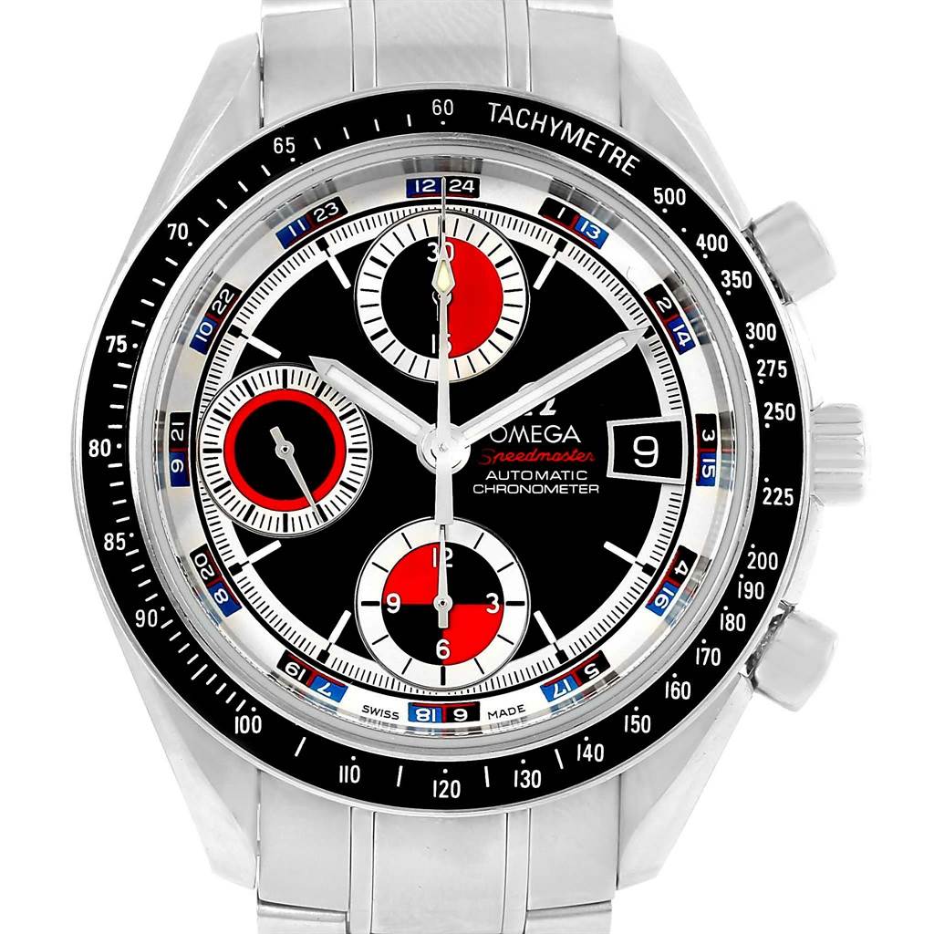 This image shows a front view of the Omega Speedmaster 3210.52.00 Men
s Stainless Steel Black Dial 3210.52.00 Men
s Stainless Steel Black Dial watch, highlighting the tachymeter bezel, sub-dials, and date window.