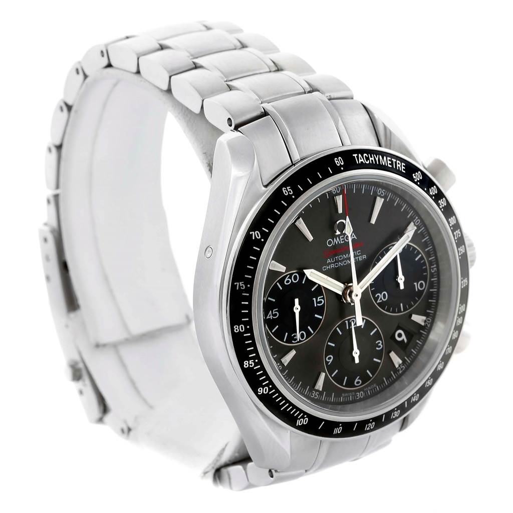 The Omega Speedmaster 323.30.40.40.06.001 Men
s Stainless Steel Grey Dial 323.30.40.40.06.001 Men
s Stainless Steel Grey Dial watch is shown at a three-quarter angle, highlighting the face, bracelet, and tachymeter bezel.