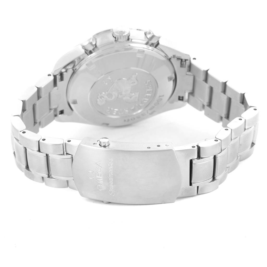 This image shows the back case and clasp of the Omega Speedmaster 323.30.40.40.06.001 Men
s Stainless Steel Grey Dial 323.30.40.40.06.001 Men
s Stainless Steel Grey Dial watch at an angle.