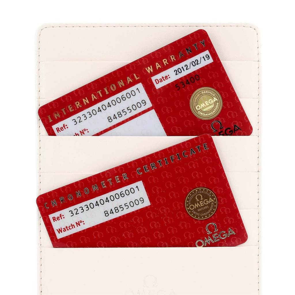 Shown are the International Warranty and Chronometer Certificate cards for the Omega Speedmaster 323.30.40.40.06.001 Men
s Stainless Steel Grey Dial 323.30.40.40.06.001 Men
s Stainless Steel Grey Dial model, placed in a cardholder.