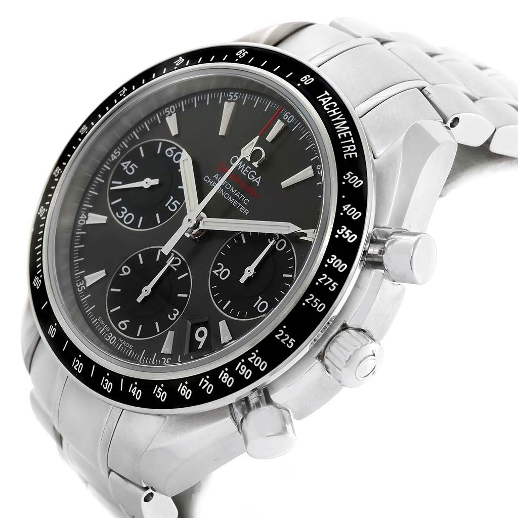 The Omega Speedmaster 323.30.40.40.06.001 Men
s Stainless Steel Grey Dial 323.30.40.40.06.001 Men
s Stainless Steel Grey Dial watch is shown at a slight angle, highlighting the dial, bezel, and metal bracelet.