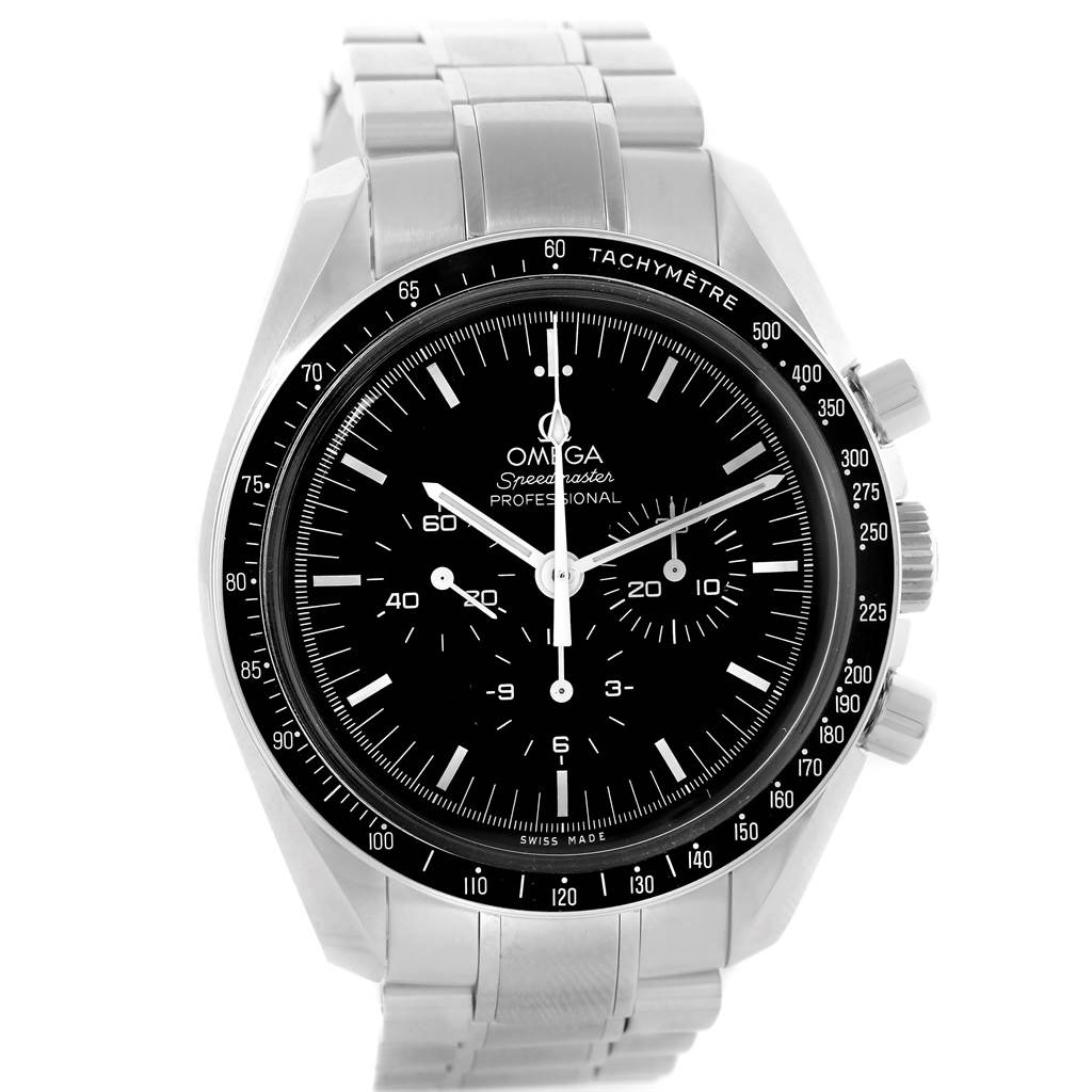 The Omega Speedmaster 311.30.42.30.01.005 Men
s Stainless Steel Black Dial 311.30.42.30.01.005 Men
s Stainless Steel Black Dial watch is shown from the front, highlighting its black dial, tachymeter bezel, and stainless steel bracelet.