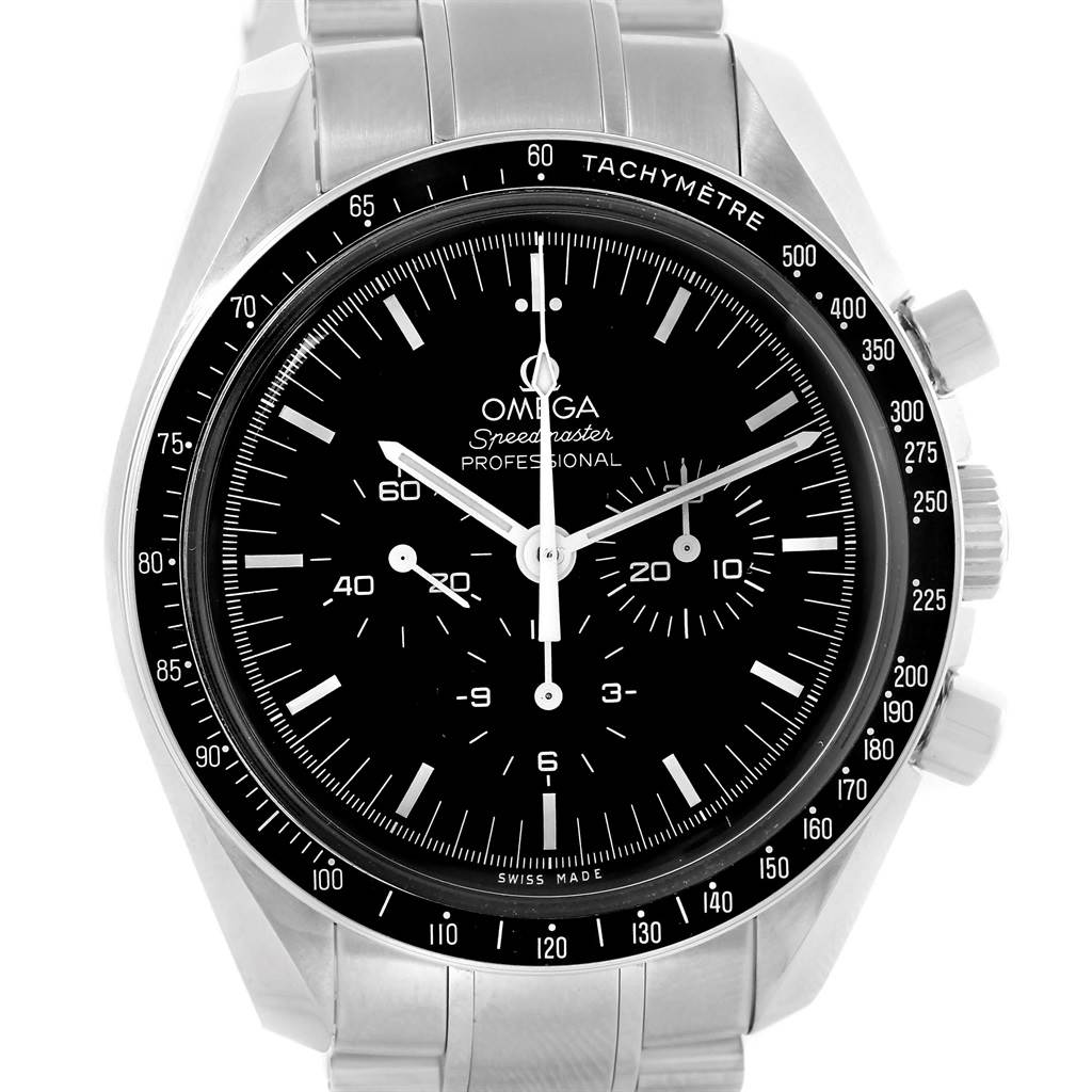 This image shows a front view of an Omega Speedmaster 311.30.42.30.01.005 Men
s Stainless Steel Black Dial 311.30.42.30.01.005 Men
s Stainless Steel Black Dial watch, highlighting its dial, tachymeter bezel, and stainless steel bracelet.