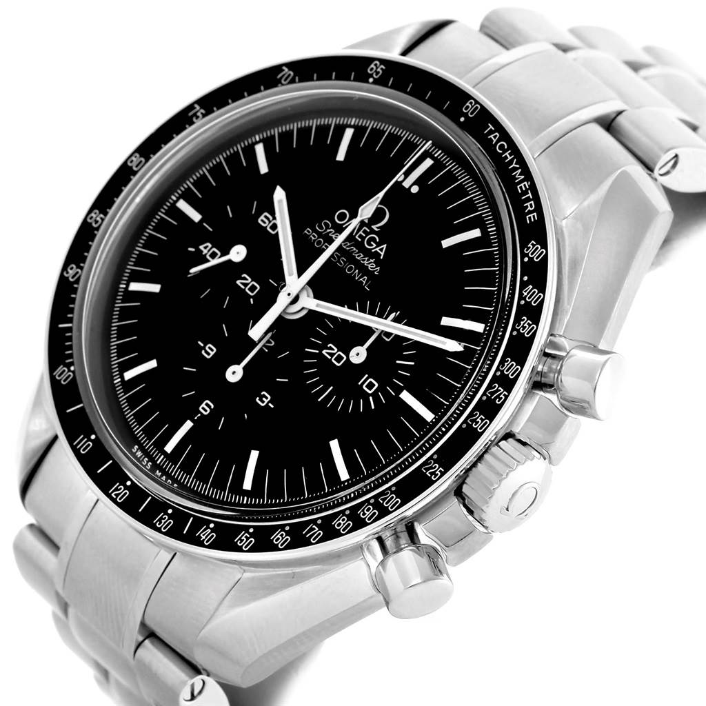 The image shows a close-up angle of the Omega Speedmaster 311.30.42.30.01.005 Men
s Stainless Steel Black Dial 311.30.42.30.01.005 Men
s Stainless Steel Black Dial watch, highlighting the face, bezel, and chronograph pushers.