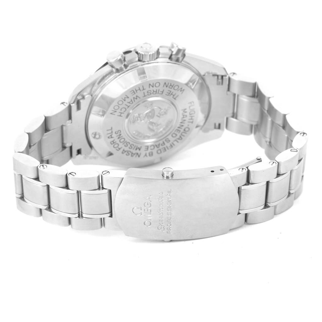 This image shows the back view of the Omega Speedmaster 311.30.42.30.01.005 Men
s Stainless Steel Black Dial 311.30.42.30.01.005 Men
s Stainless Steel Black Dial, focusing on the watch case back and metal bracelet with buckle.