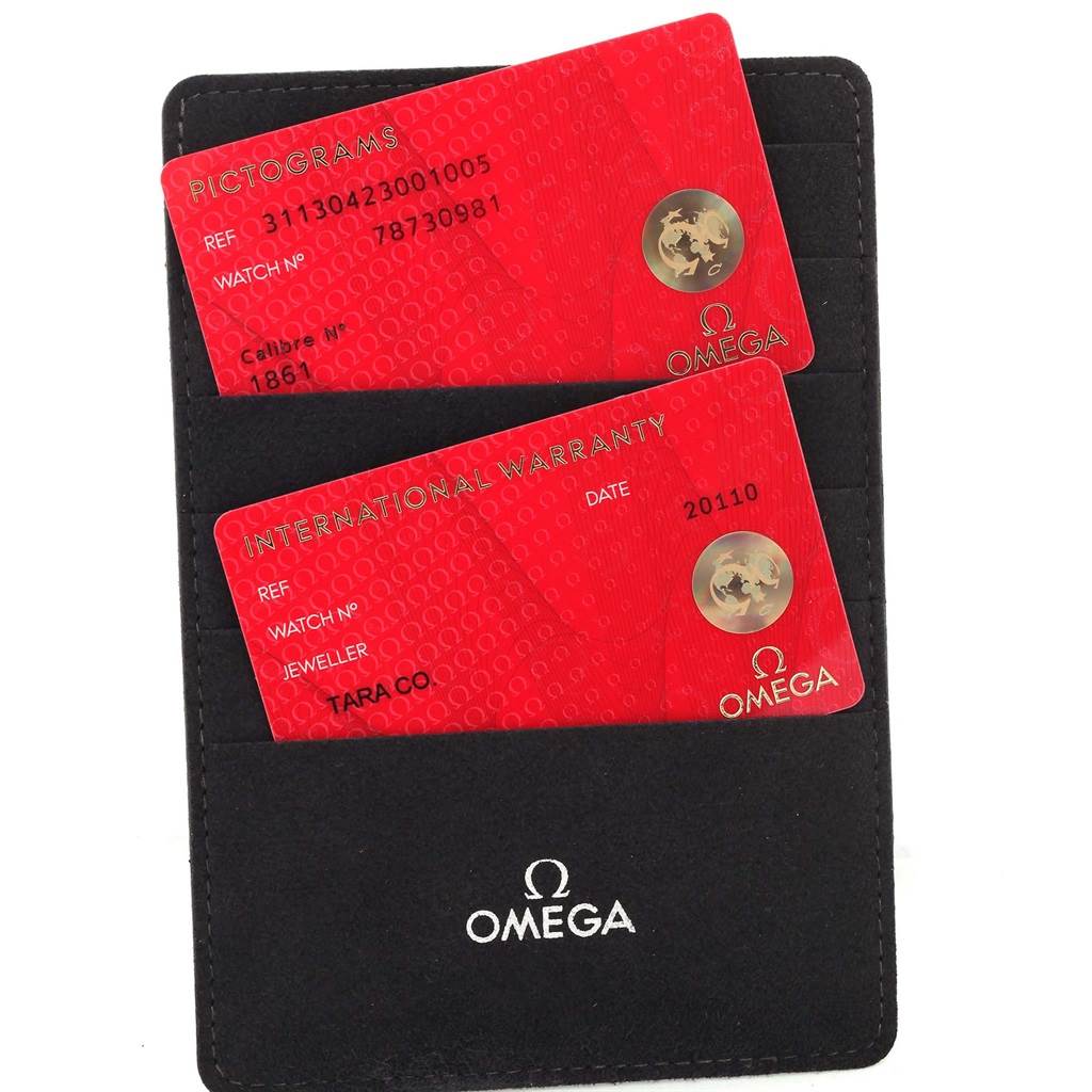 The image shows an Omega Speedmaster 311.30.42.30.01.005 Men
s Stainless Steel Black Dial 311.30.42.30.01.005 Men
s Stainless Steel Black Dial
s red pictogram and international warranty cards in a black Omega cardholder.