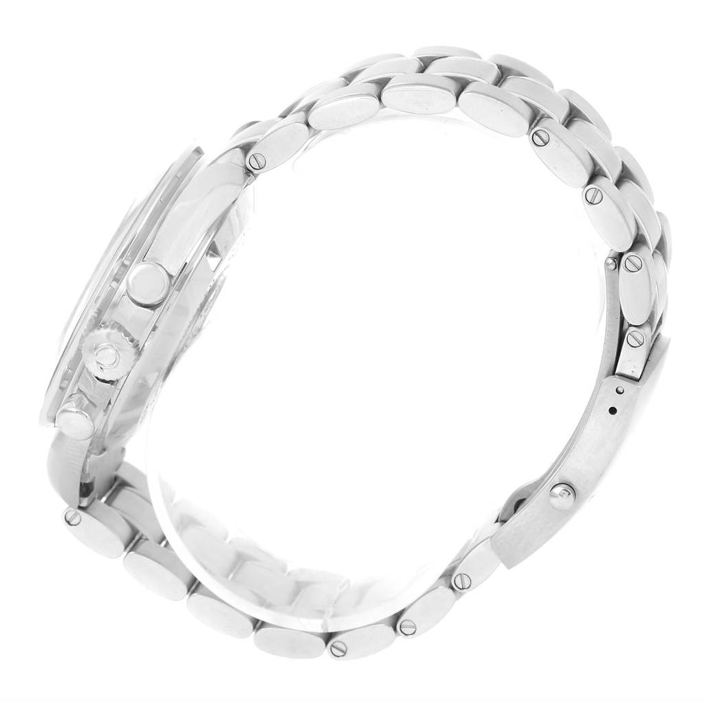 This image shows the side view of the Omega Speedmaster 311.30.42.30.01.005 Men
s Stainless Steel Black Dial 311.30.42.30.01.005 Men
s Stainless Steel Black Dial watch, highlighting the crown, pushers, and metal bracelet.