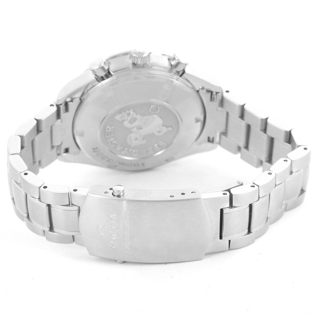 The image shows the back case and bracelet clasp of an Omega Speedmaster 323.30.40.40.06.001 Men's Stainless Steel Grey Dial 323.30.40.40.06.001 Men's Stainless Steel Grey Dial watch.