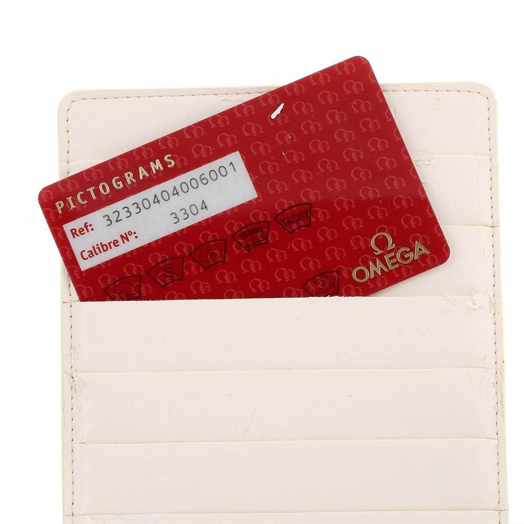 The image shows an Omega Speedmaster 323.30.40.40.06.001 Men's Stainless Steel Grey Dial 323.30.40.40.06.001 Men's Stainless Steel Grey Dial warranty card positioned at an angle within a leather card holder.