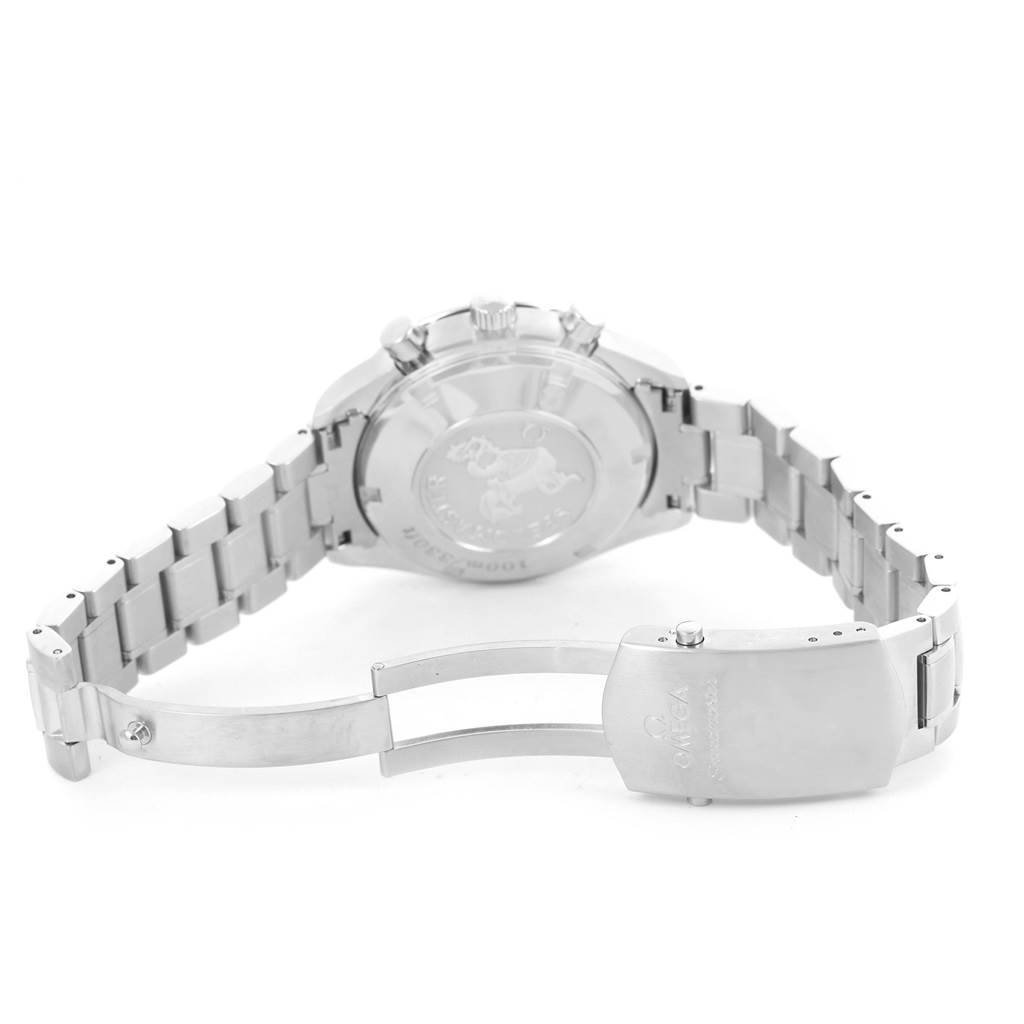 The image shows the back view of an Omega Speedmaster 323.30.40.40.06.001 Men's Stainless Steel Grey Dial 323.30.40.40.06.001 Men's Stainless Steel Grey Dial watch, highlighting its case back and metal bracelet with an open clasp.