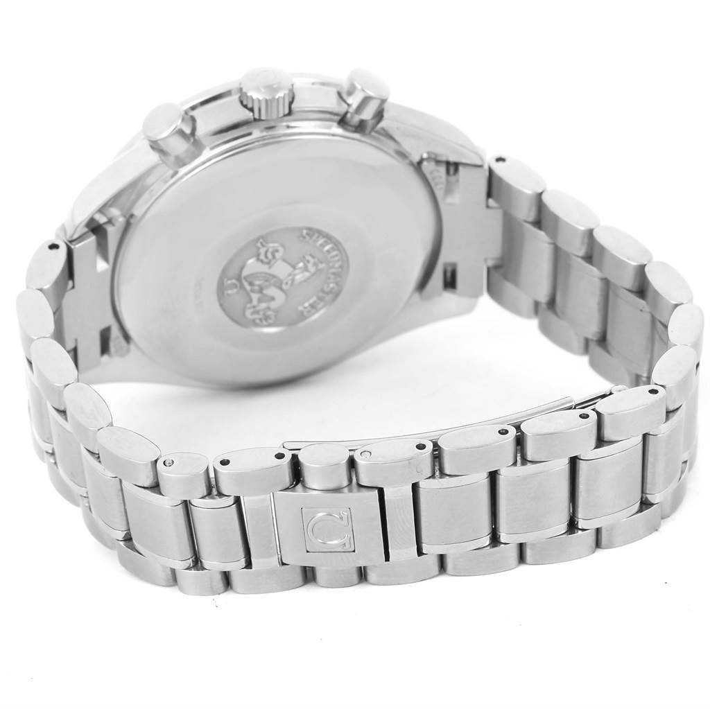 The photo shows the back view and bracelet of the Omega Speedmaster 3523.80.00 Men
s Stainless Steel Blue Dial 3523.80.00 Men
s Stainless Steel Blue Dial watch, highlighting the clasp and case back.