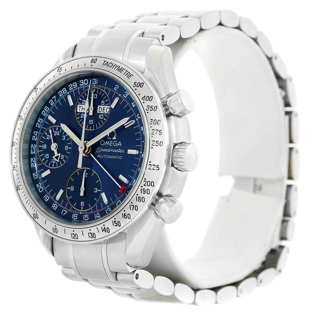 The Omega Speedmaster 3523.80.00 Men
s Stainless Steel Blue Dial 3523.80.00 Men
s Stainless Steel Blue Dial watch is shown at a side angle, displaying its face, case, crown, pushers, and bracelet.