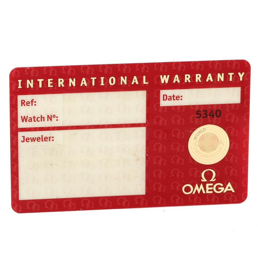 The image shows an Omega Speedmaster 3523.80.00 Men
s Stainless Steel Blue Dial 3523.80.00 Men
s Stainless Steel Blue Dial International Warranty card with fields for reference, watch number, jeweler, and date.