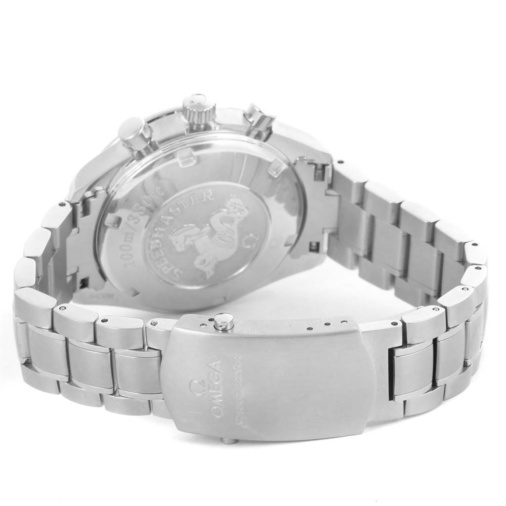 The image shows the back view of an Omega Speedmaster 3210.52.00 Men
s Stainless Steel Black Dial 3210.52.00 Men
s Stainless Steel Black Dial watch, highlighting the case back, crown, pushers, and stainless steel bracelet.