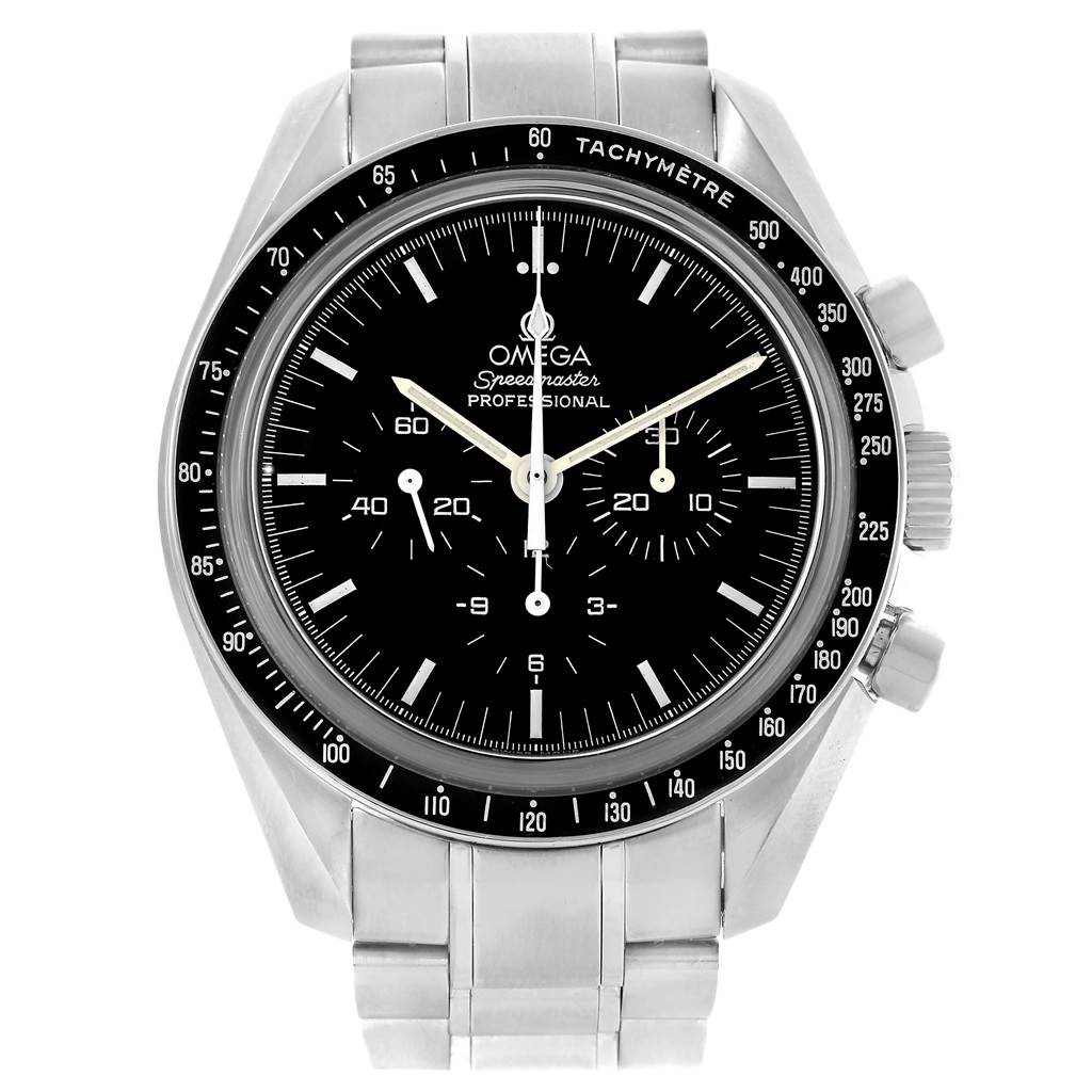The image shows a front view of an Omega Speedmaster 3573.50.00 Men
s Stainless Steel Black Dial 3573.50.00 Men
s Stainless Steel Black Dial watch, highlighting its dial, bezel, and bracelet.