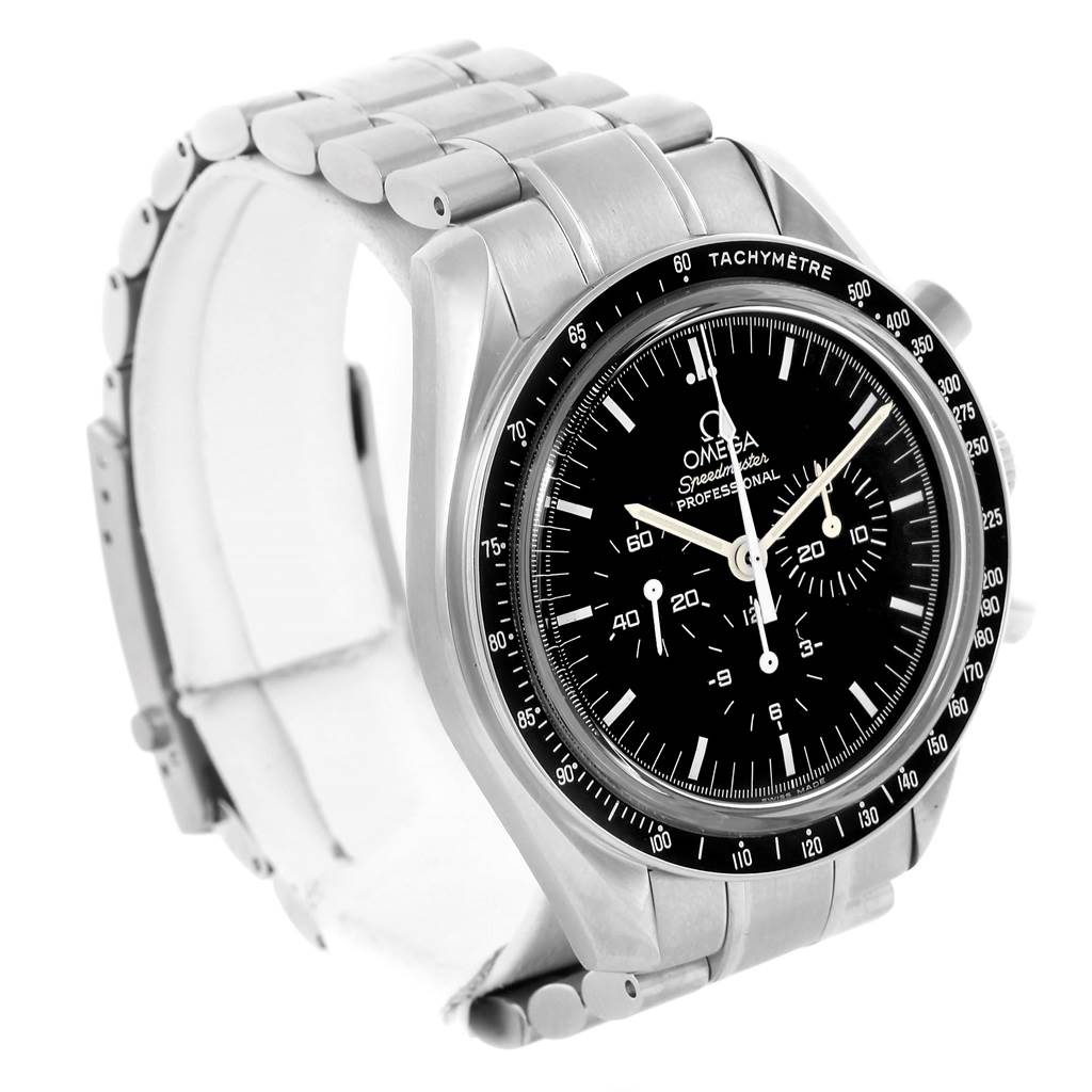 The Omega Speedmaster 3573.50.00 Men
s Stainless Steel Black Dial 3573.50.00 Men
s Stainless Steel Black Dial watch is shown at a three-quarter angle, highlighting the face, tachymeter bezel, and stainless steel bracelet.