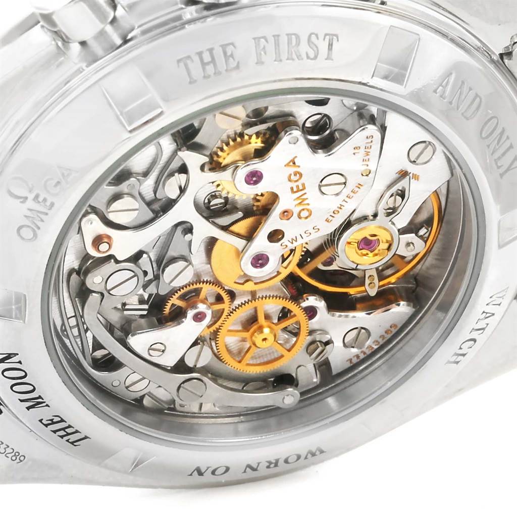 This image shows the intricate mechanical movement and internal parts of an Omega Speedmaster 3573.50.00 Men
s Stainless Steel Black Dial 3573.50.00 Men
s Stainless Steel Black Dial watch from the case back angle.