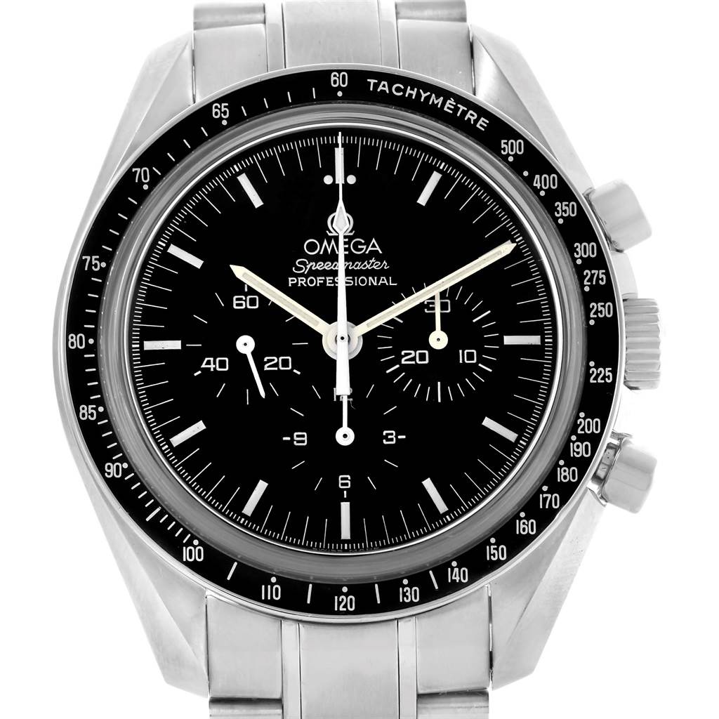 The image shows a front view of an Omega Speedmaster 3573.50.00 Men
s Stainless Steel Black Dial 3573.50.00 Men
s Stainless Steel Black Dial watch, highlighting the dial, bezel, and part of the bracelet.