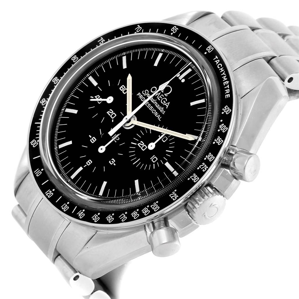 The image shows a close-up, angled view of the Omega Speedmaster 3573.50.00 Men
s Stainless Steel Black Dial 3573.50.00 Men
s Stainless Steel Black Dial watch displaying its face, crown, and pushers.