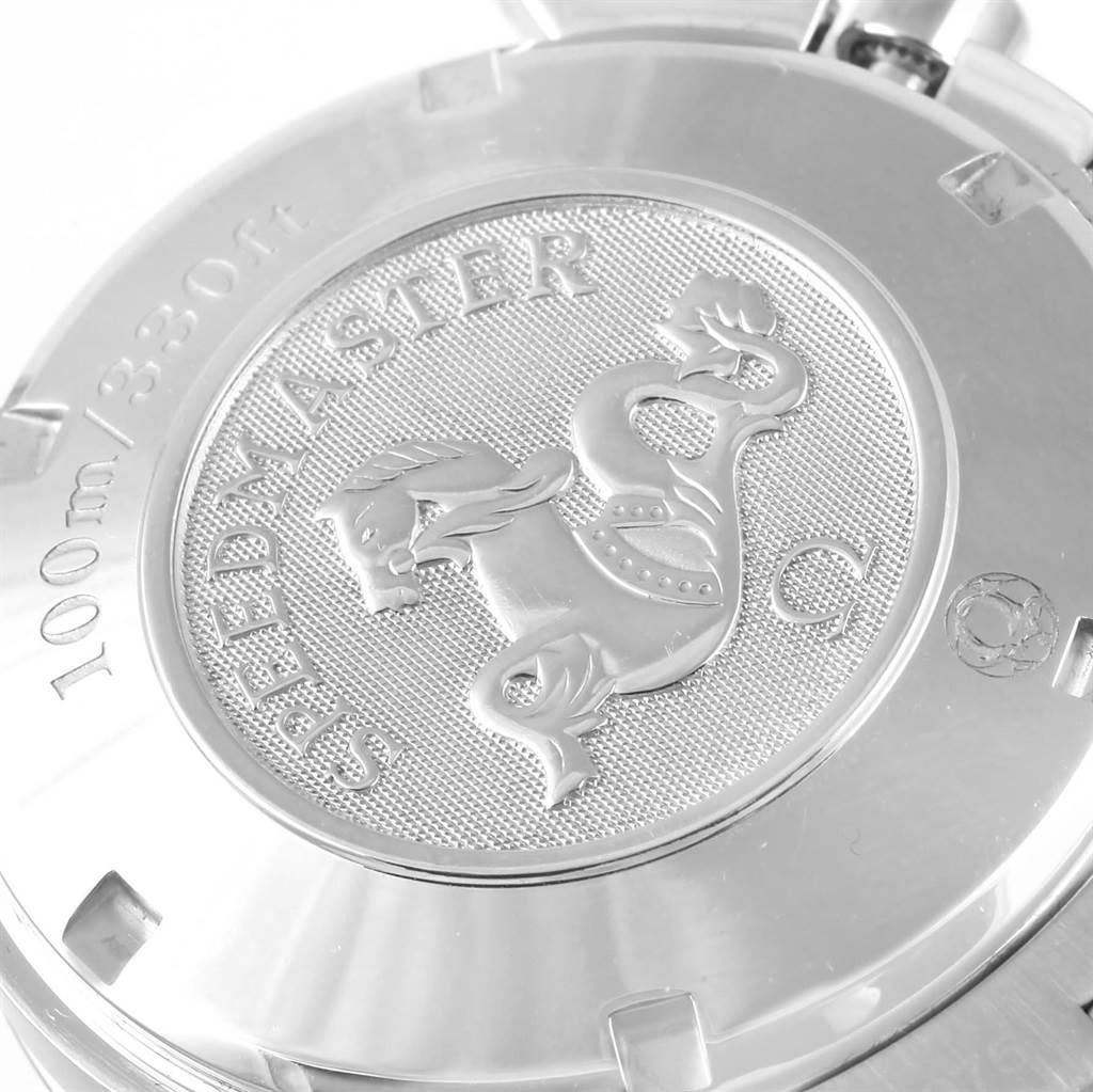 The image shows the case back of an Omega Speedmaster 3211.31.00 Men
s Stainless Steel Silver Dial 3211.31.00 Men
s Stainless Steel Silver Dial watch, featuring its emblem and text indicating water resistance.
