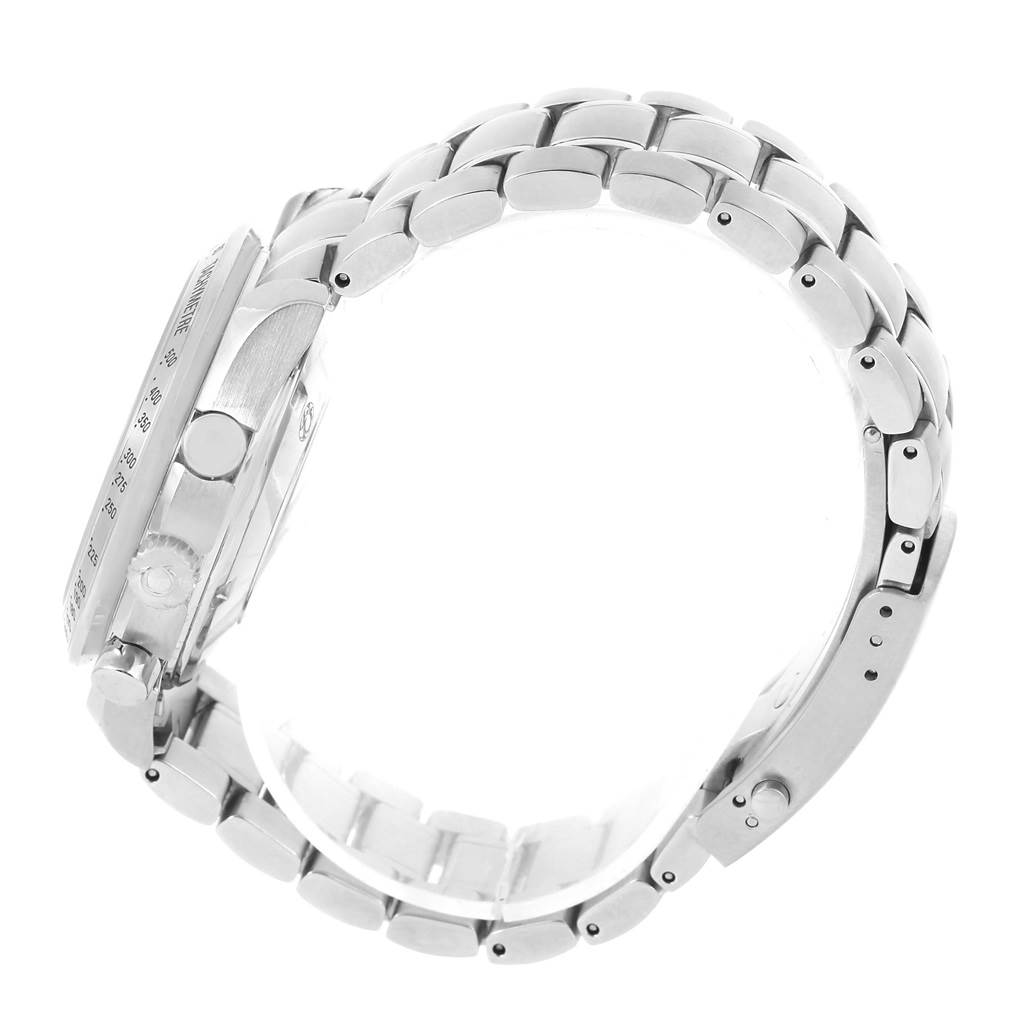 The image shows a side view of the Omega Speedmaster 3211.31.00 Men
s Stainless Steel Silver Dial 3211.31.00 Men
s Stainless Steel Silver Dial watch, highlighting its case, crown, pushers, and bracelet.