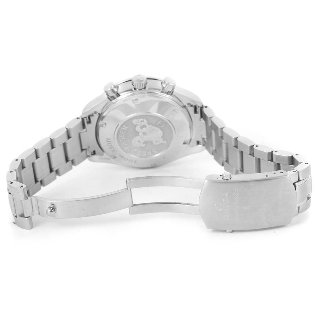 This Omega Speedmaster 3211.31.00 Men
s Stainless Steel Silver Dial 3211.31.00 Men
s Stainless Steel Silver Dial watch is shown from the back, displaying its bracelet, clasp, and caseback.