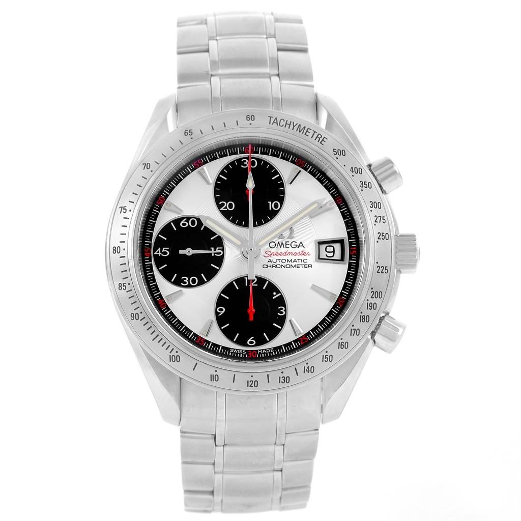 The image shows a full frontal view of the Omega Speedmaster 3211.31.00 Men
s Stainless Steel Silver Dial 3211.31.00 Men
s Stainless Steel Silver Dial watch, highlighting its dial, subdials, tachymeter scale, and stainless steel bracelet.