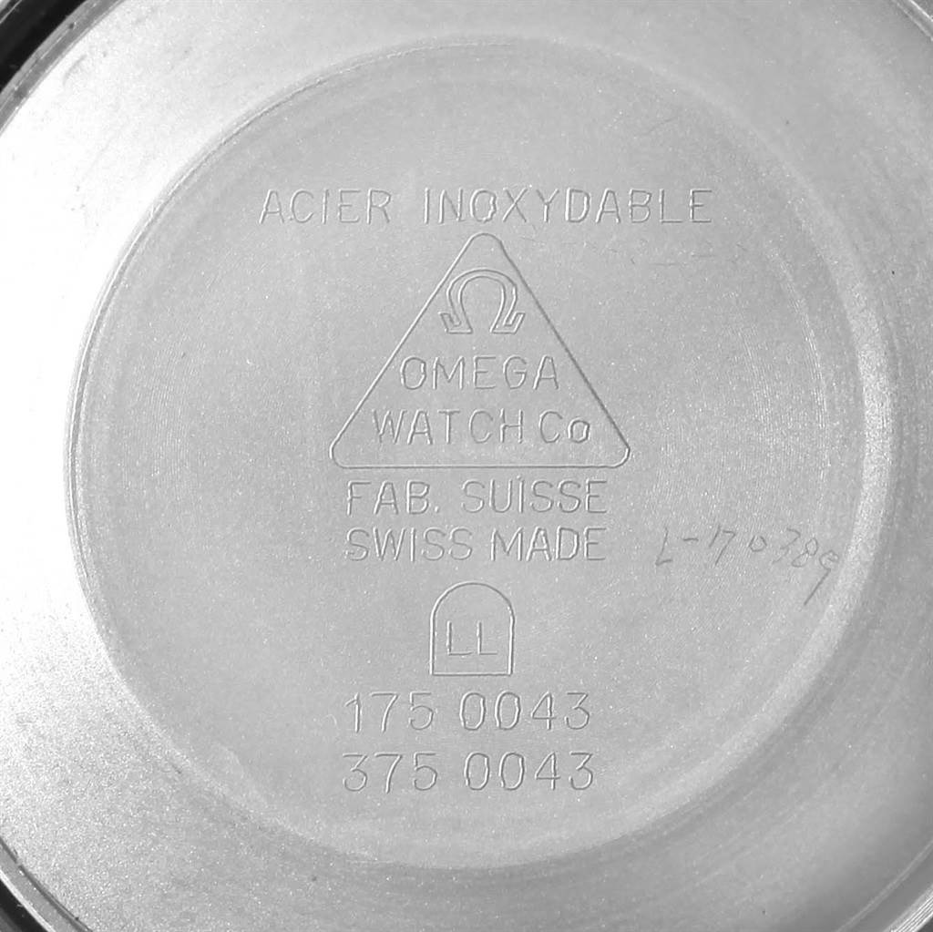 The image shows the inner case back of an Omega Speedmaster 3716.50.00 Men
s Steel and Gold (two tone) Black Dial 3716.50.00 Men
s Steel and Gold (two tone) Black Dial watch, displaying engraving and model numbers.