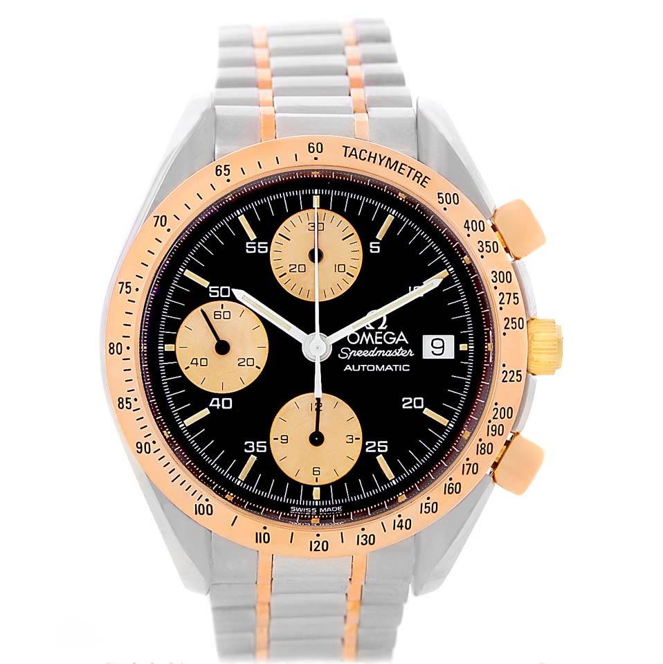 The image shows a front view of an Omega Speedmaster 3716.50.00 Men
s Steel and Gold (two tone) Black Dial 3716.50.00 Men
s Steel and Gold (two tone) Black Dial watch, showcasing its dial, tachymeter bezel, and bracelet.