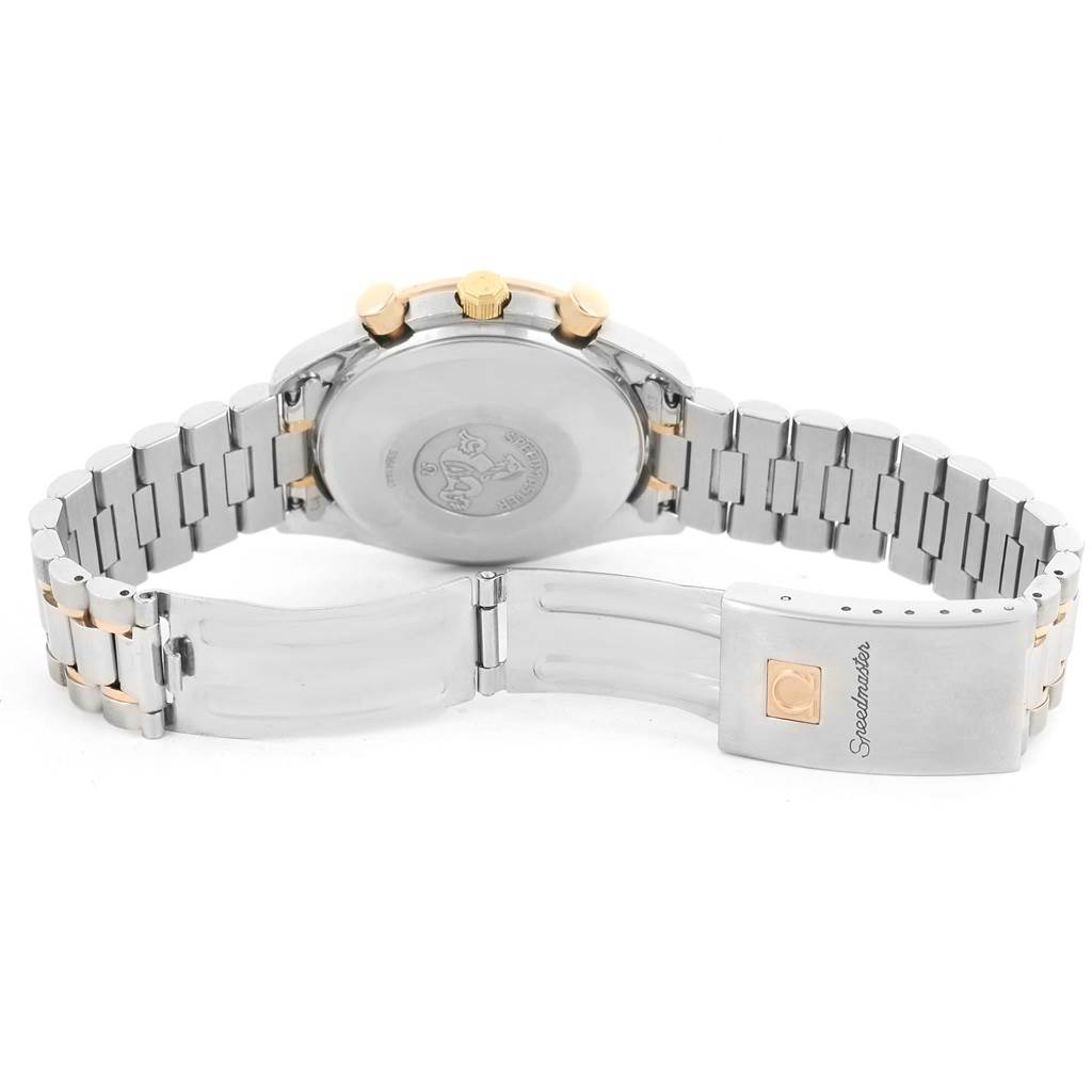 The image shows the back case, bracelet, and clasp of an Omega Speedmaster 3716.50.00 Men
s Steel and Gold (two tone) Black Dial 3716.50.00 Men
s Steel and Gold (two tone) Black Dial watch.