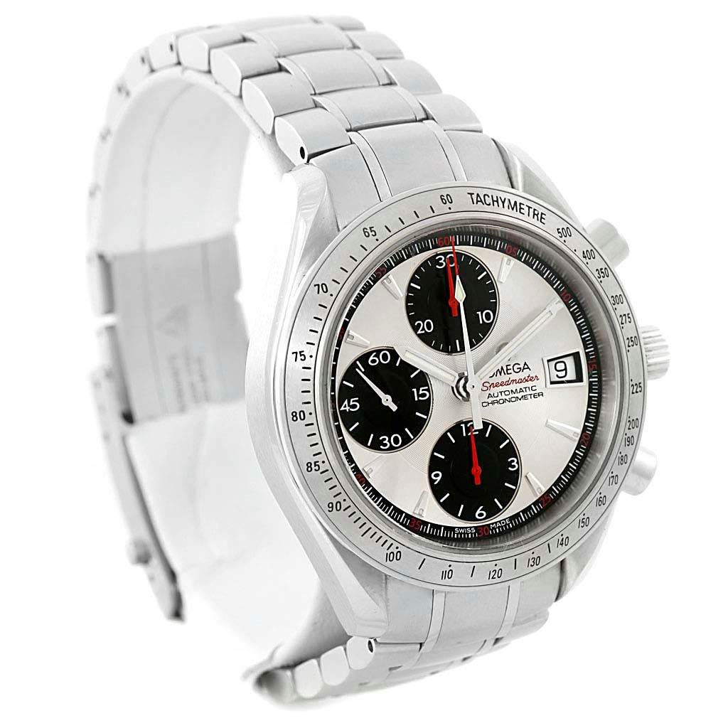 The image shows an Omega Speedmaster 3211.31.00 Men
s Stainless Steel Silver Dial 3211.31.00 Men
s Stainless Steel Silver Dial watch tilted slightly to the left, displaying the face, bezel, and part of the bracelet.