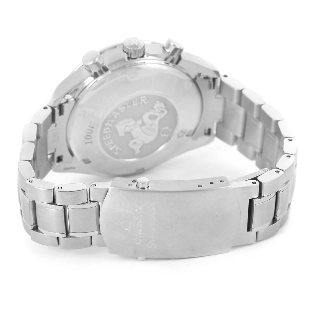 The image shows the rear angle of the Omega Speedmaster 3211.31.00 Men
s Stainless Steel Silver Dial 3211.31.00 Men
s Stainless Steel Silver Dial, highlighting its back case, bracelet, and clasp.