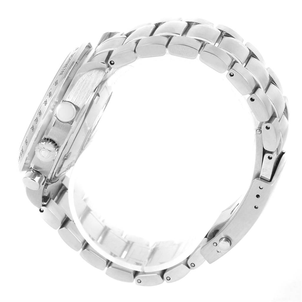 The image shows a side view of the Omega Speedmaster 3211.31.00 Men
s Stainless Steel Silver Dial 3211.31.00 Men
s Stainless Steel Silver Dial watch, highlighting the bracelet, clasp, and the watch case with its crown and pushers.