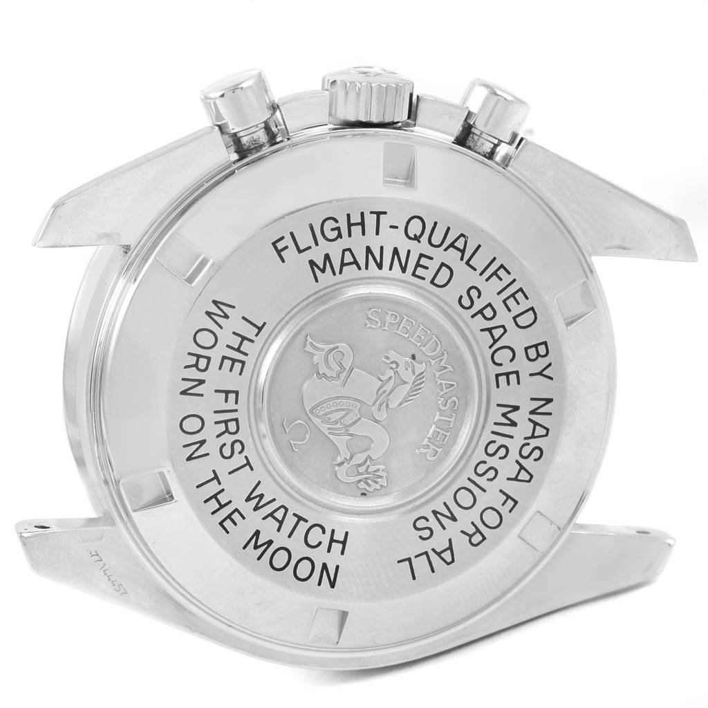 The image shows the case back of an Omega Speedmaster 3570.50.00 Men
s Stainless Steel Black Dial 3570.50.00 Men
s Stainless Steel Black Dial watch, highlighting the engraved text and the pushers.