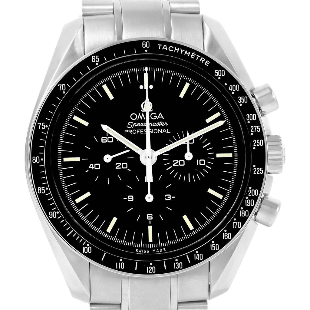 The image shows a front view of an Omega Speedmaster 3570.50.00 Men
s Stainless Steel Black Dial 3570.50.00 Men
s Stainless Steel Black Dial watch, displaying its face, bezel, and part of its bracelet.