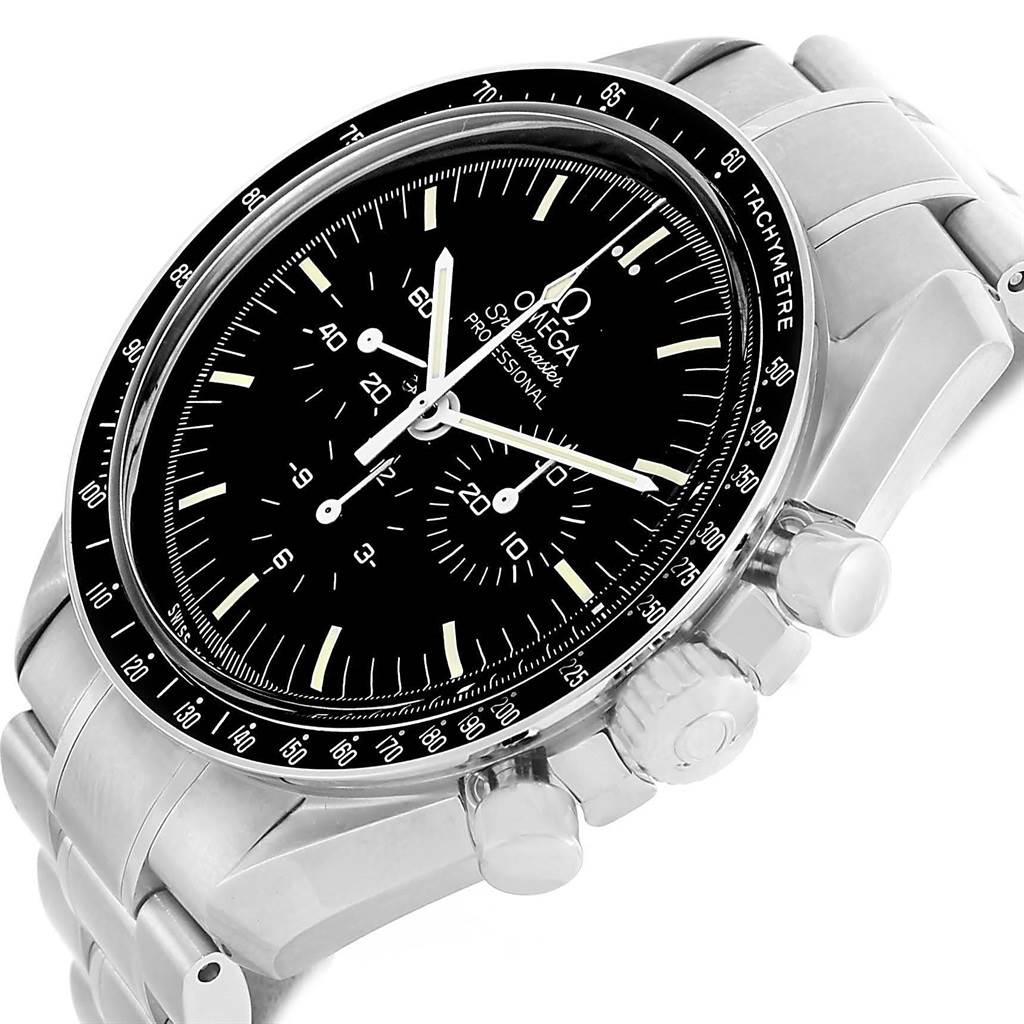 The Omega Speedmaster 3570.50.00 Men
s Stainless Steel Black Dial 3570.50.00 Men
s Stainless Steel Black Dial watch is shown at a slight side angle, highlighting the dial, bezel, crown, pushers, and part of the bracelet.