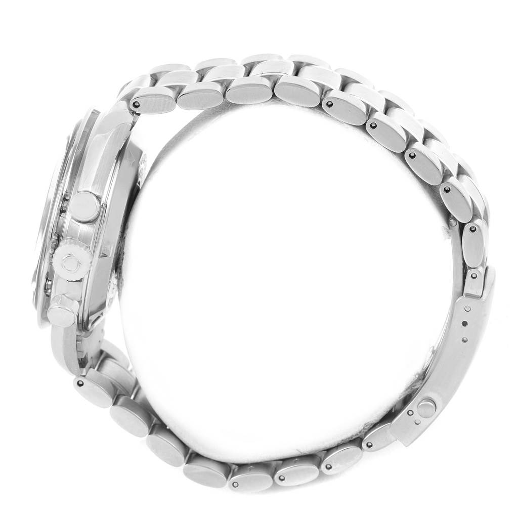 The image shows a side profile of the Omega Speedmaster 3570.50.00 Men
s Stainless Steel Black Dial 3570.50.00 Men
s Stainless Steel Black Dial watch, highlighting the bracelet and side buttons.