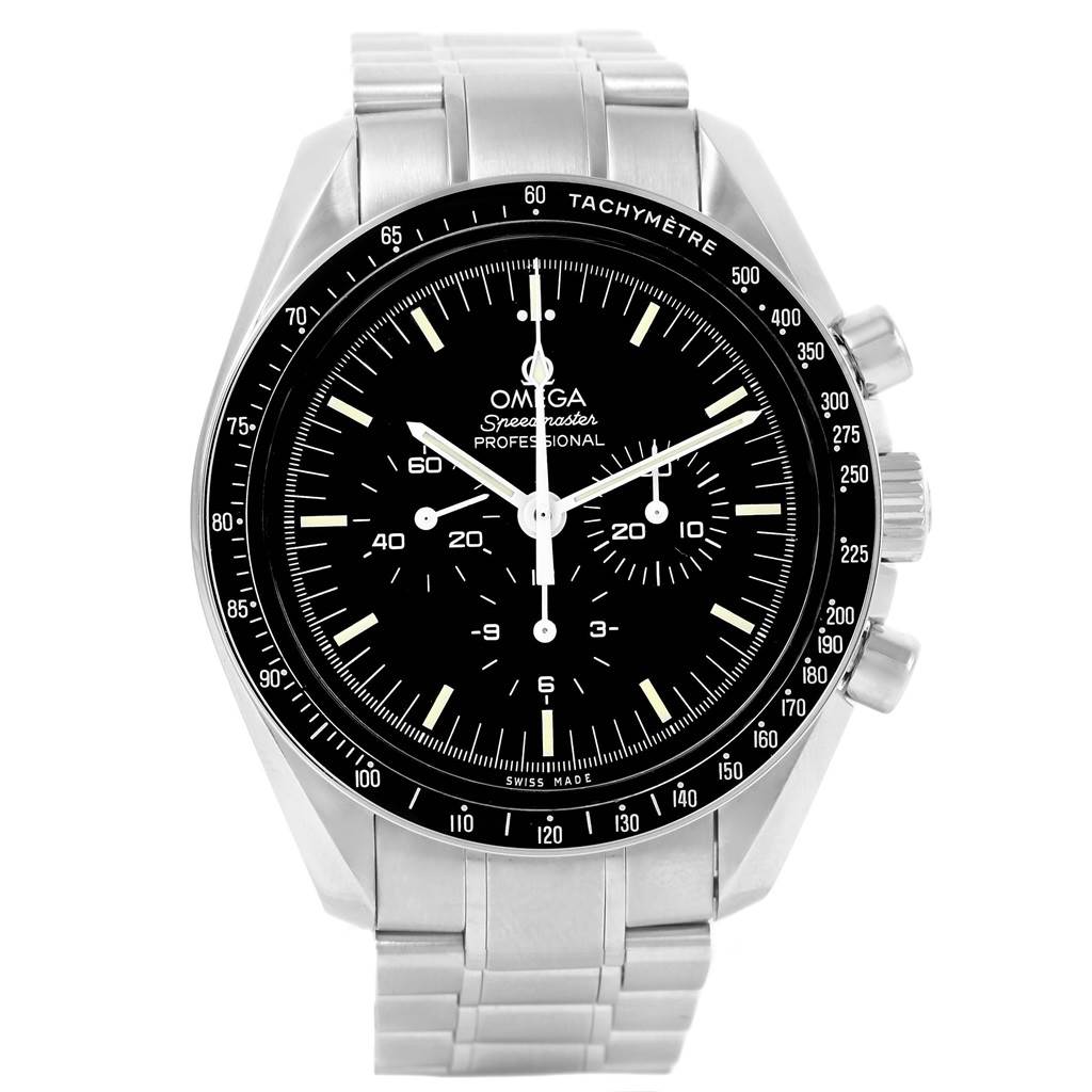 Front view of an Omega Speedmaster 3570.50.00 Men
s Stainless Steel Black Dial 3570.50.00 Men
s Stainless Steel Black Dial watch, showing the dial, bezel with tachymeter, and stainless steel bracelet.