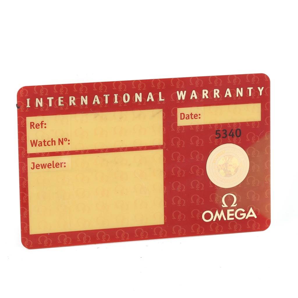 The image shows an Omega Speedmaster 3570.50.00 Men
s Stainless Steel Black Dial 3570.50.00 Men
s Stainless Steel Black Dial International Warranty card from a front angle.