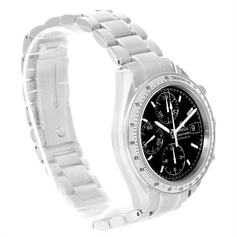 The Omega Speedmaster 3513.50.00 Men
s Stainless Steel Black Dial 3513.50.00 Men
s Stainless Steel Black Dial watch is shown at a slight angle, featuring its stainless steel bracelet and black dial with chronograph functions.